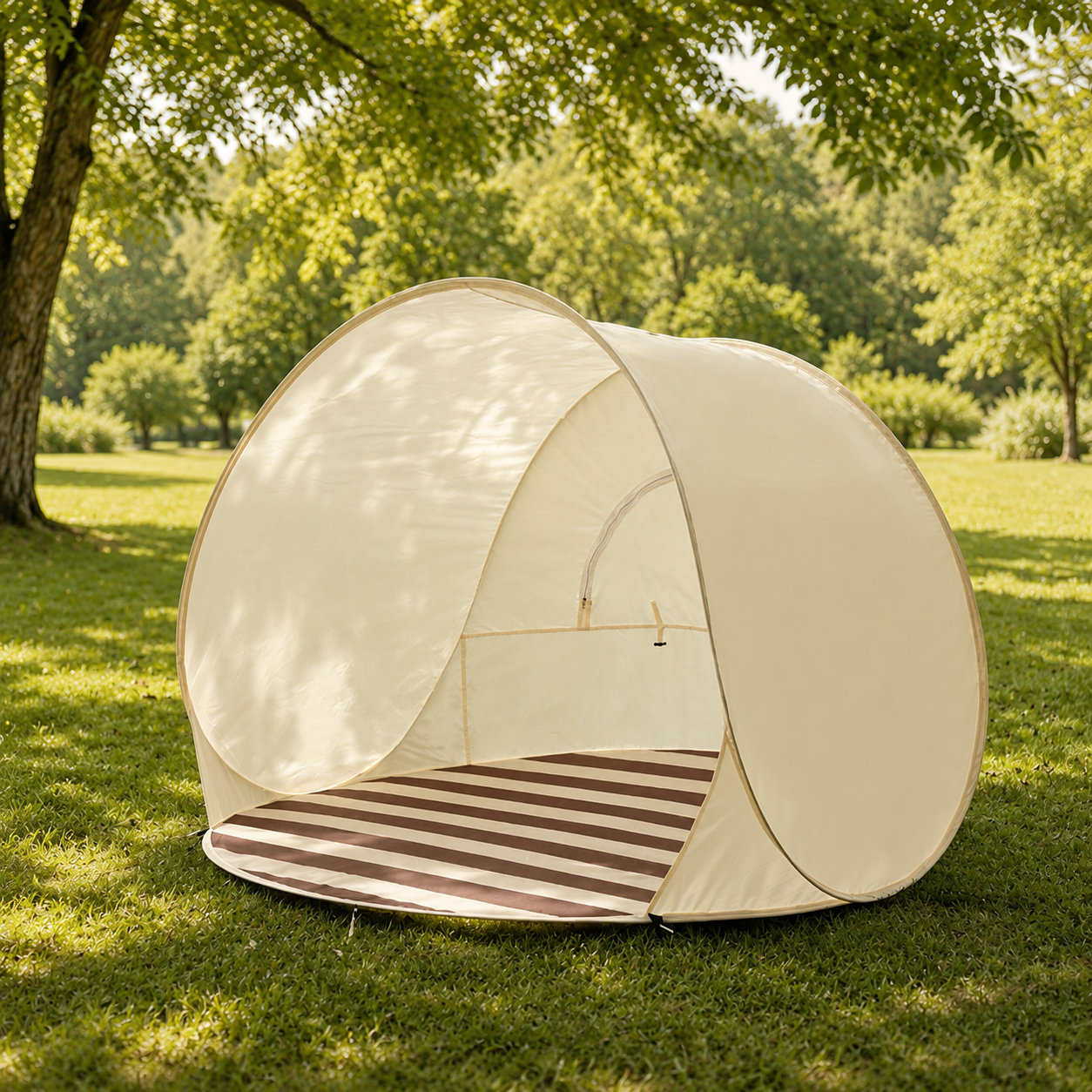 A dome-shaped pop-up canopy tent in cream with a striped floor mat, set up on a grassy lawn under a large tree in a park.
