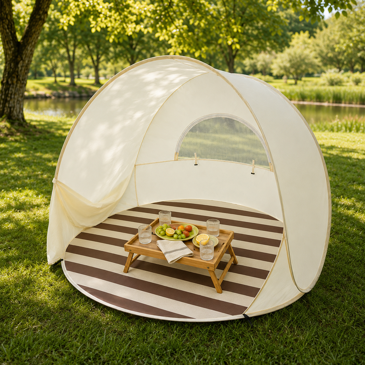 A dome-style pop-up beach tent with a striped floor mat and a small wooden folding table set up on grass by a lake, with trees and water visible in the background.