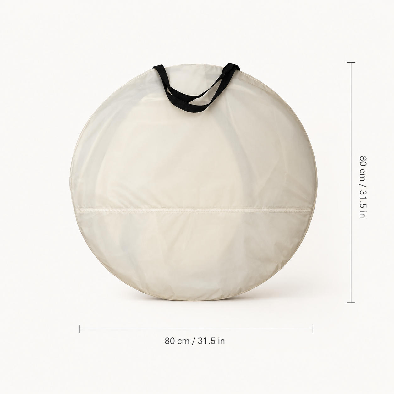 A round off-white fabric bag or cover with black handles, shown on a light gray background with dimension lines indicating a height of 80 cm (31.5 in) and a diameter of 80 cm (31.