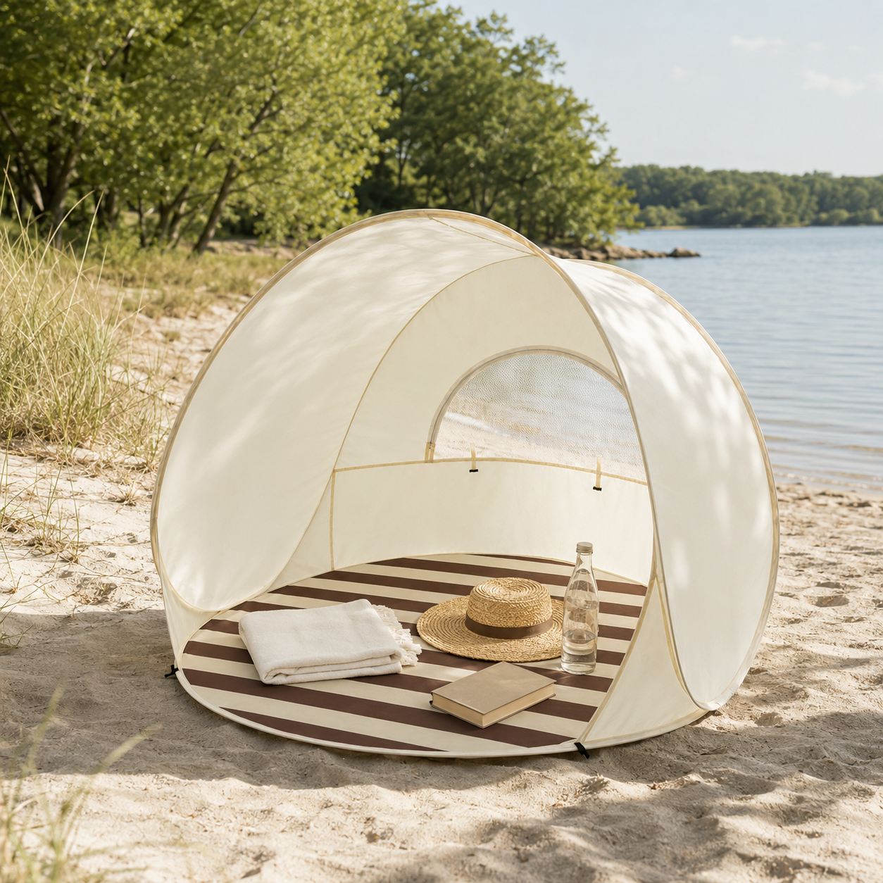 A dome-style beach tent with open side panels is pitched on sandy shore next to water, with trees in the background. The tent interior is styled with a striped floor mat, folded white towel, straw hat, and a clear bottle.