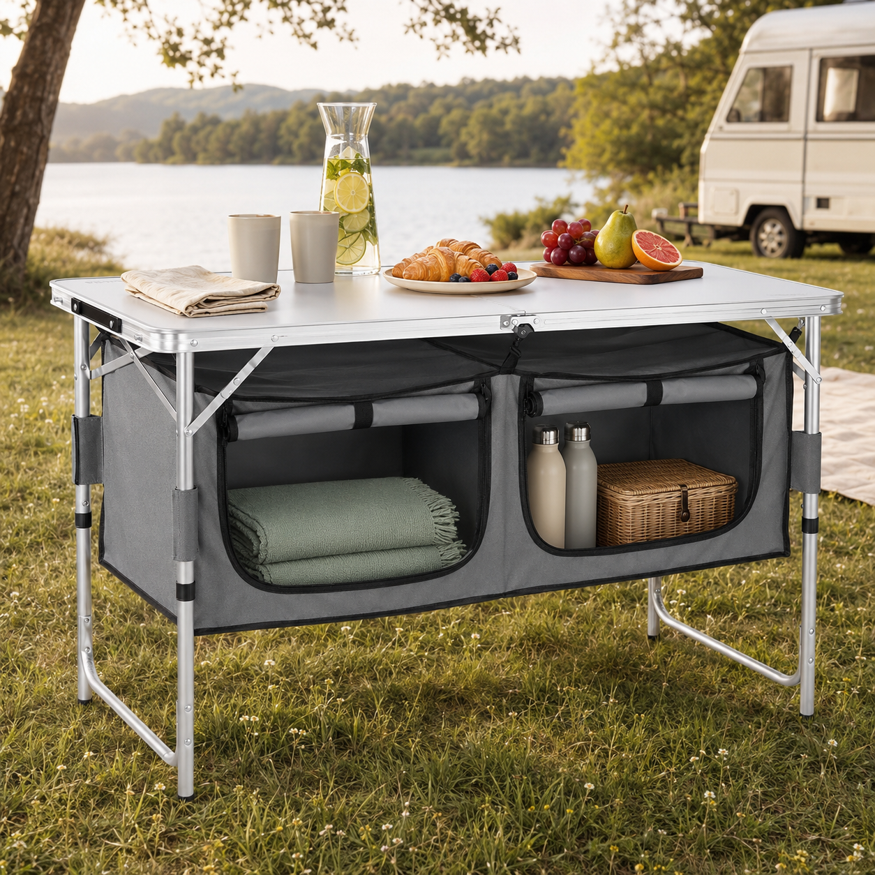 A portable folding camp table set outdoors on grass near a lake, with a white tabletop, gray fabric storage bins underneath, and food and drink items styled on top. A white van and trees are visible in the background.