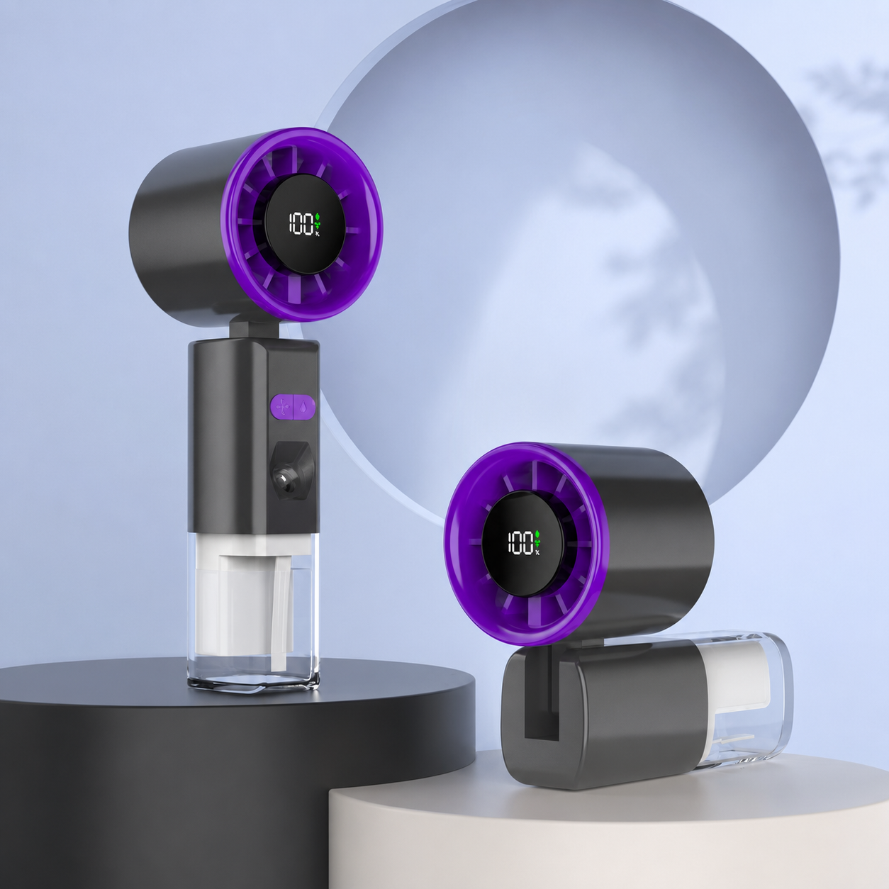 Two modern handheld electric fans with purple circular grates and black bodies, displayed on a dark and light pedestal against a soft blue studio background.