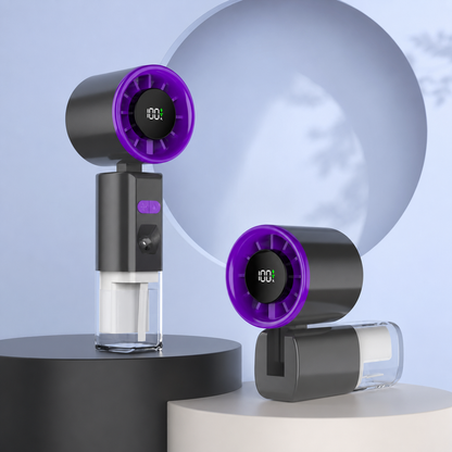 Two modern handheld electric fans with purple circular grates and black bodies, displayed on a dark and light pedestal against a soft blue studio background.