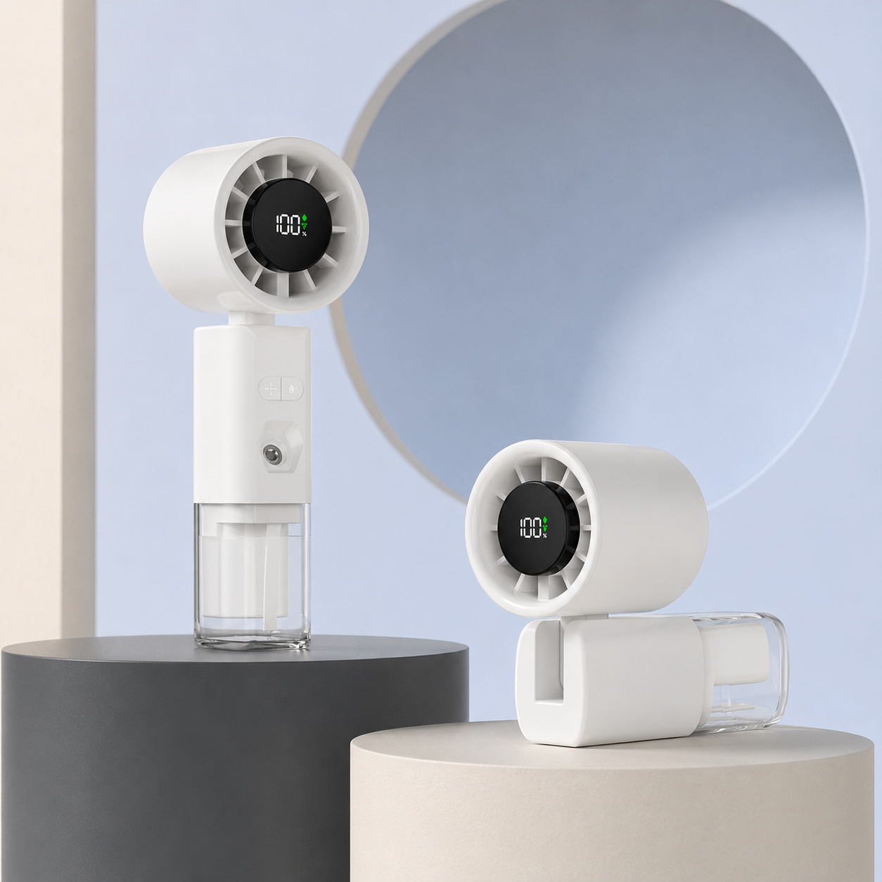A white handheld personal fan with a circular digital display showing '00%' is shown in two configurations: one standing upright on a dark gray pedestal and one lying horizontally on a light beige pedestal. The background is a soft light blue with a large circular architectural element.