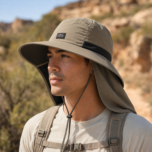 A man wearing a wide-brimmed khaki sun hat with an attached neck flap and chin cord, photographed outdoors against a rocky desert landscape.