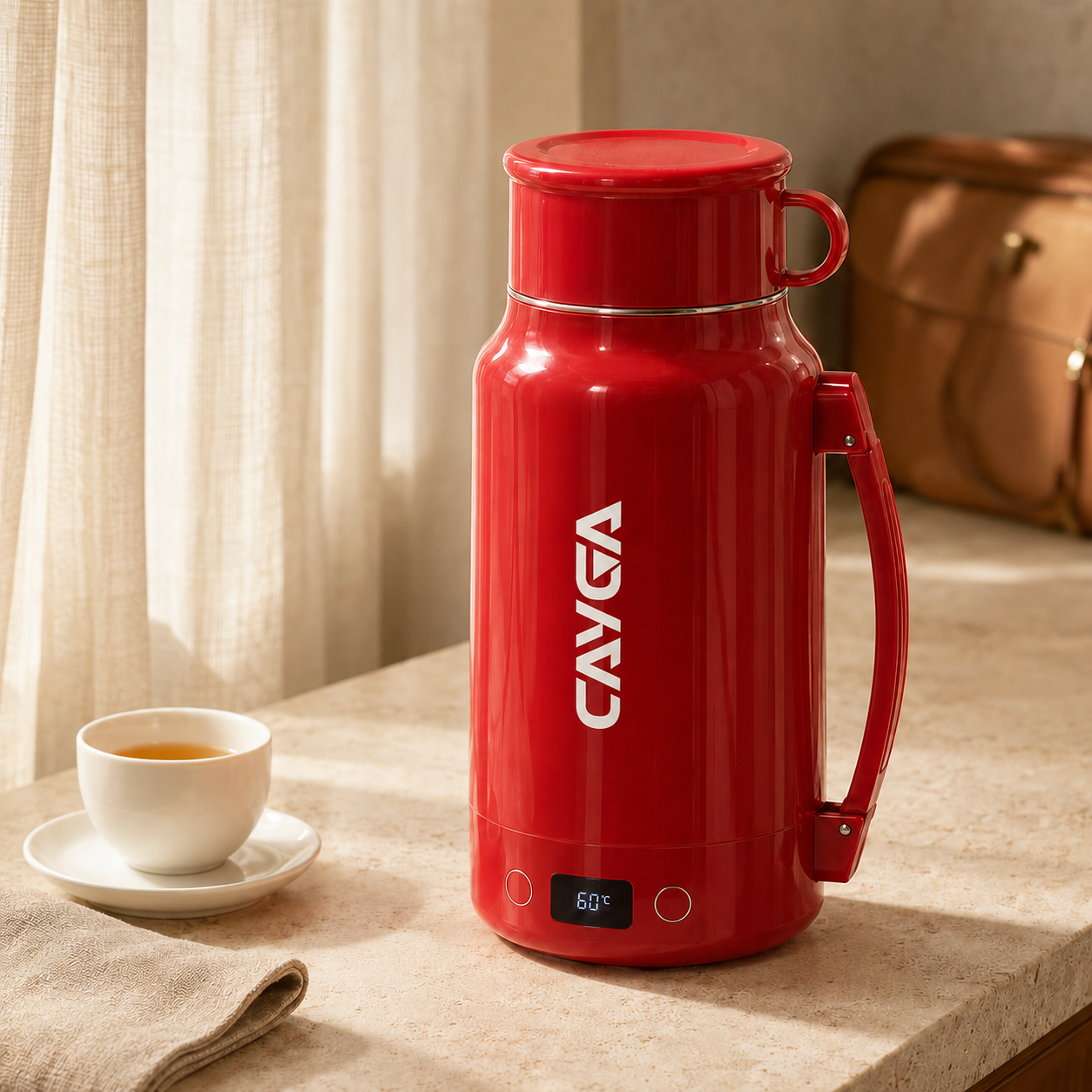 A red CAVGA insulated water bottle with a handle and lid, standing on a countertop beside a cup of tea, with curtains and a brown bag in the background.