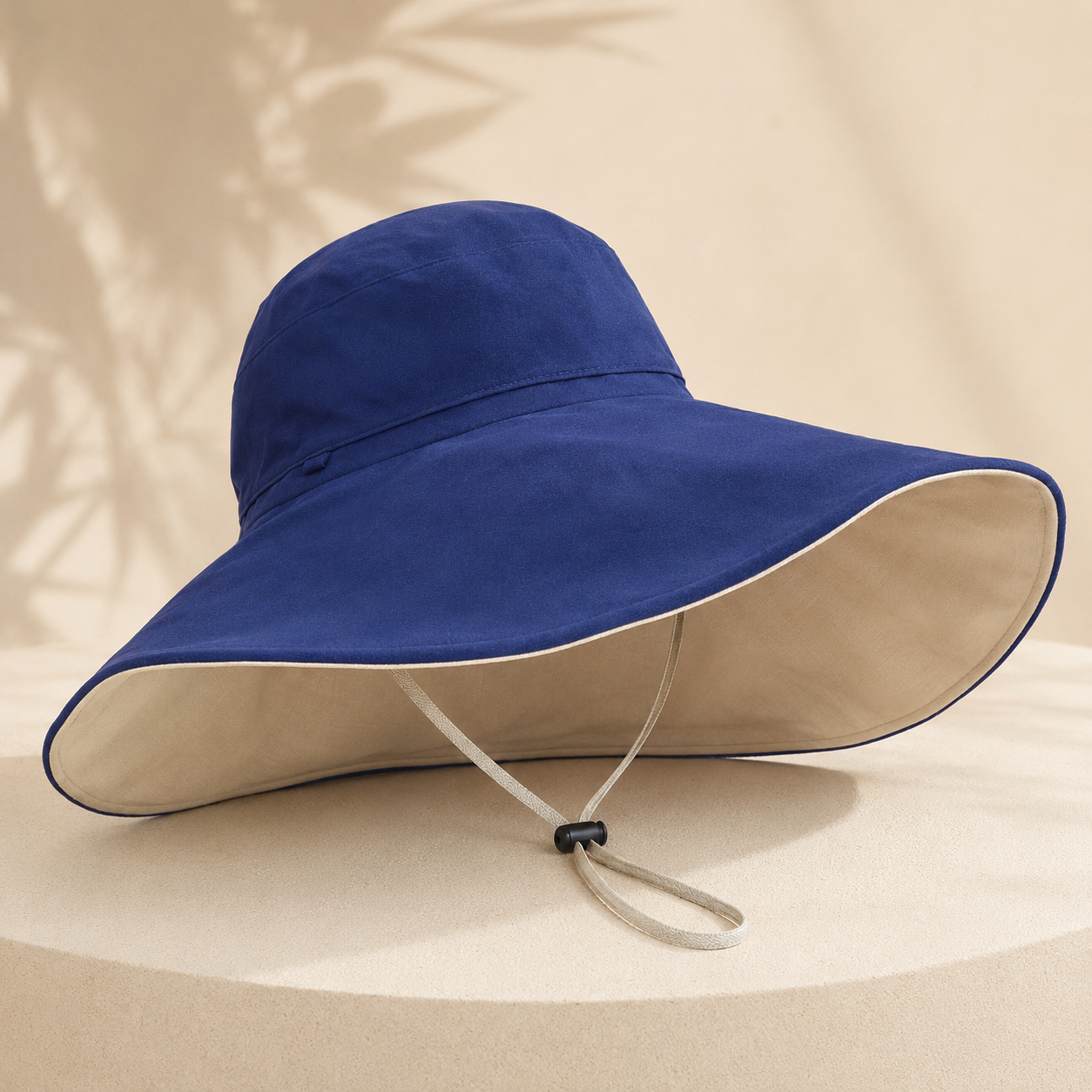 A wide-brimmed sun hat in royal blue with a beige inner lining and an adjustable chin cord, displayed on a beige pedestal against a warm neutral background with soft leaf shadows.
