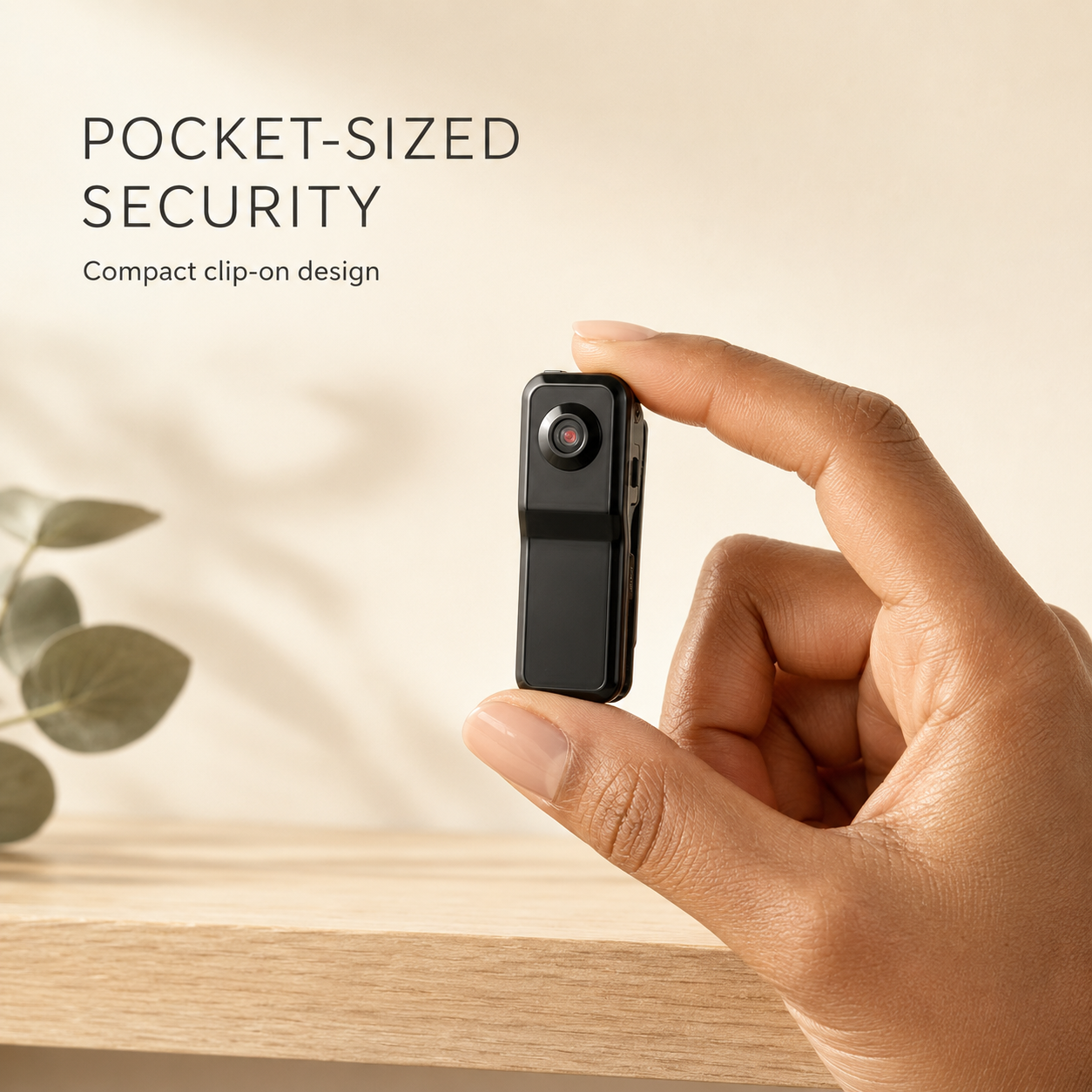 A hand holds a small black pocket-sized security camera against a warm beige background with text reading 'POCKET-SIZED SECURITY' and 'Compact clip-on design.'.