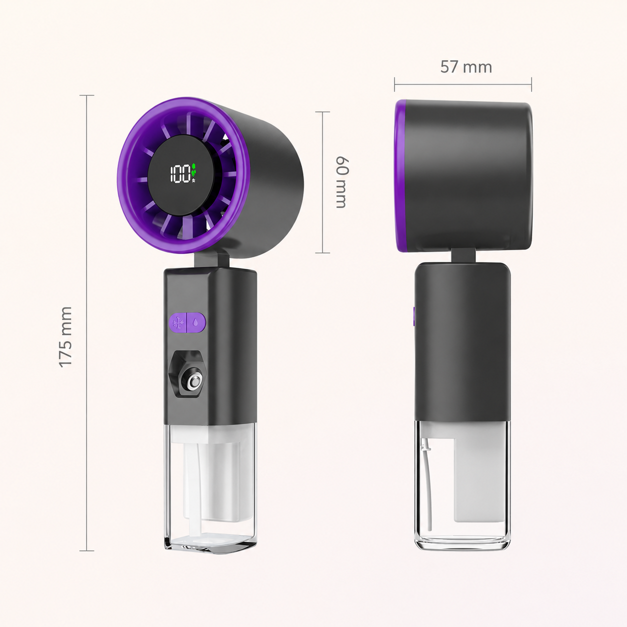 A handheld cooling fan shown from two angles with dimension labels: one front view marked 175 mm tall, one side view marked 57 mm wide and 60 mm deep. The fan has a black body, purple trim around the circular face and top, a small digital display, and a clear lower reservoir.