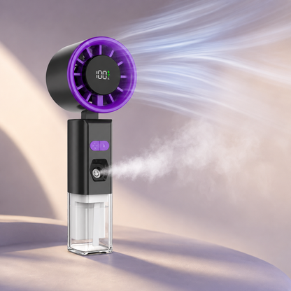 A handheld personal fan and humidifier device with a black body, purple circular fan grille, clear water tank, and visible mist output, shown against a soft beige and lavender studio background.