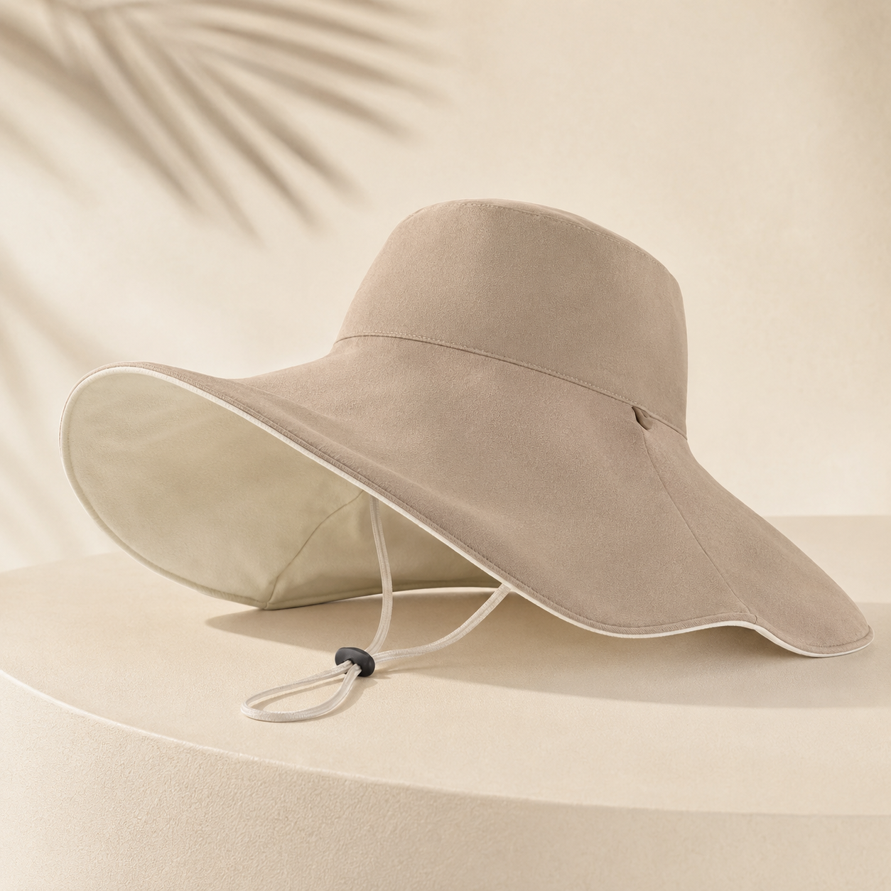 A wide-brimmed beige sun hat with a drawstring chin cord, displayed on a round pedestal against a warm beige background with soft leaf shadows.