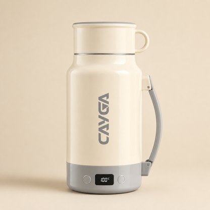 A cream-colored electric water bottle with a gray base, handle, and logo, shown on a solid beige background.