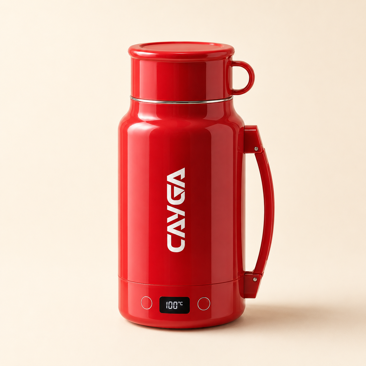 A red CAVGA insulated water bottle with a handle and lid, featuring a digital temperature display showing 100 degrees, set against a solid light beige background.