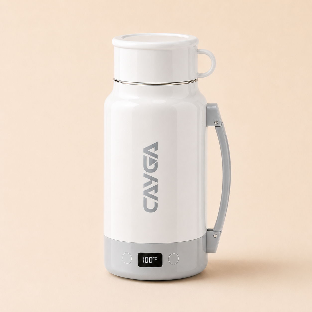 A white and gray CAYGA insulated water bottle with a digital temperature display on the base, set against a solid beige background.