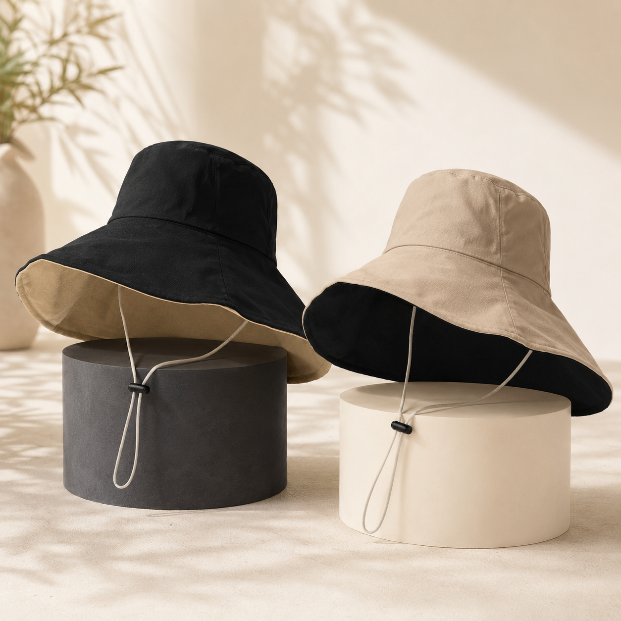 Two wide-brim bucket hats displayed on cylindrical pedestals: one black with a beige underside and one beige with a black underside. The hats have drawstring chin straps and are photographed in a warm neutral setting with soft shadows.