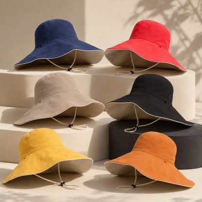 Six wide-brim bucket hats in different colors are arranged on white display blocks. The hats are blue, red, beige, black, yellow, and orange, each with a drawstring chin cord.