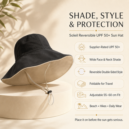 A black wide-brim sun hat with a beige underside and drawstring chin cord, displayed on a round pedestal with promotional text about UV protection and reversible double-sided style.