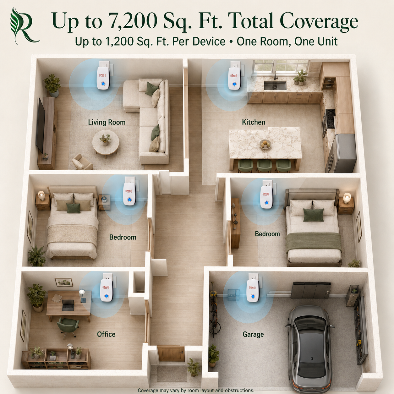 A 2D floor plan layout diagram of a four-bedroom home with labeled rooms including Living Room, Kitchen, Bedroom, Office, and Garage. The graphic includes marketing text at the top reading 'Up to 7,200 Sq.