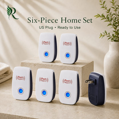 Six-piece home pest repelling set with five white and navy mosquito coils and one matching US plug device, displayed on a beige surface with a plant and folded cloth in the background. Text reads 'Six-Piece Home Set' and 'US Plug • Ready to Use'.