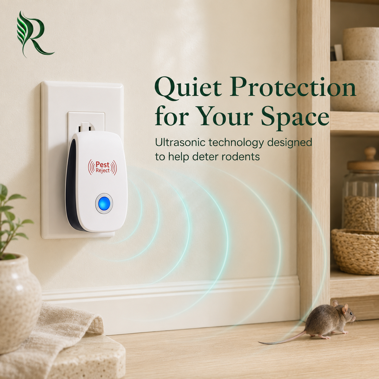 A white and black pest repeller plug mounted on a beige wall, with glowing light blue signal waves directed toward a small rodent on the floor. Text on the image reads 'Quiet Protection for Your Space' and 'Ultrasonic technology designed to help deter rodents.