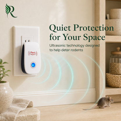 A white and black pest repeller plug mounted on a beige wall, with glowing light blue signal waves directed toward a small rodent on the floor. Text on the image reads 'Quiet Protection for Your Space' and 'Ultrasonic technology designed to help deter rodents.