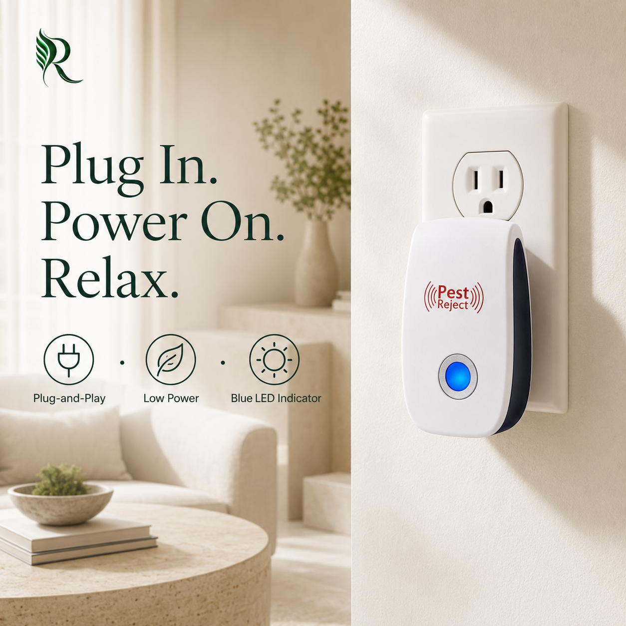 A Pest Reject plug-in device shown plugged into a wall outlet on the right, with marketing text and feature icons on the left: 'Plug In. Power On.