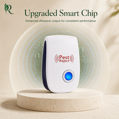 A white and navy smart pest repellent device with a glowing blue button, displayed on a round stone pedestal with graphic wave effects and the text 'Upgraded Smart Chip' and 'Pest Reject'.