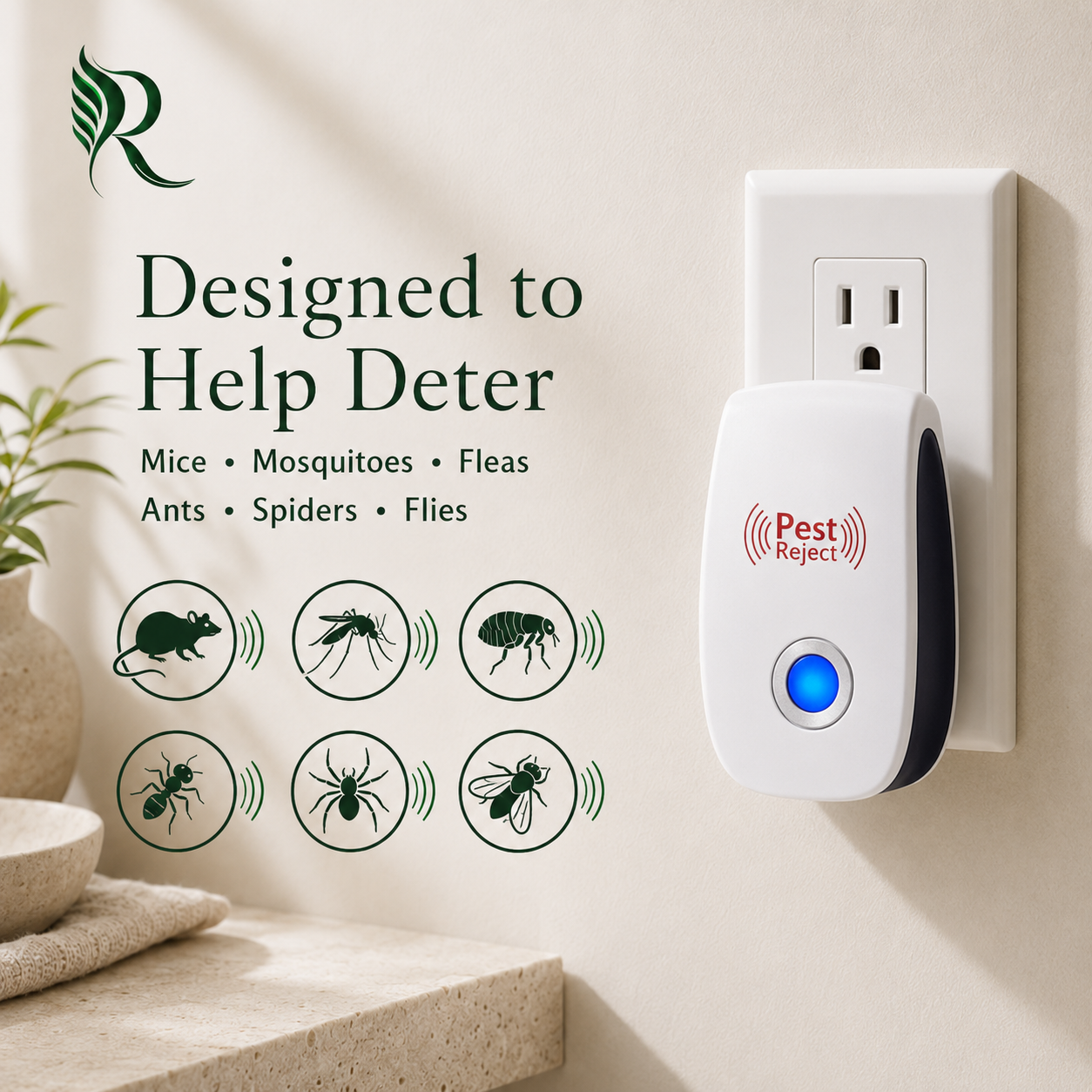 A white pest repellent plug-in device with a blue button is shown plugged into a wall outlet. The image includes marketing text reading 'Designed to Help Deter Mice • Mosquitoes • Fleas • Ants • Spiders • Flies' with icons of those pests, plus a green leaf logo in the upper left.