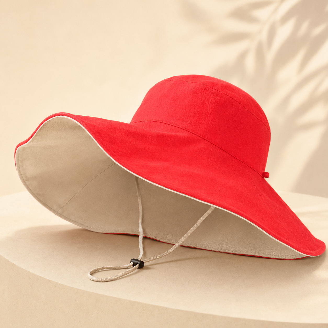A bright red wide-brim sun hat with a light beige underside and chin cord, displayed on a matching beige pedestal against a warm beige background with soft leaf shadows.