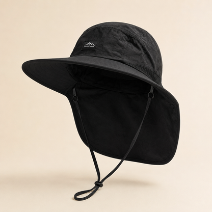 A black wide-brim sun hat with an integrated neck flap and chin cord, shown on a plain beige background. A small white mountain logo is visible on the front of the crown.