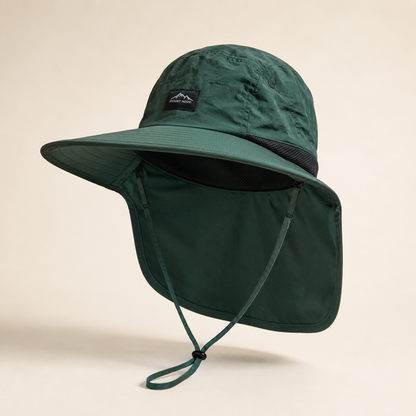 A dark green wide-brim sun hat with an attached neck flap and chin cord, shown on a plain beige background. A small black brand patch is visible on the front crown.