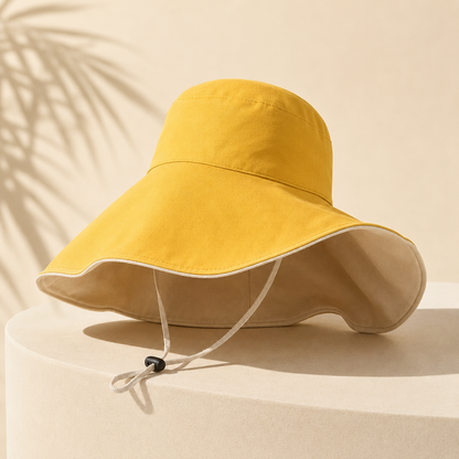 A wide-brimmed yellow sun hat with a beige inner lining and white chin cord, displayed on a beige pedestal against a warm beige background with soft palm leaf shadows.